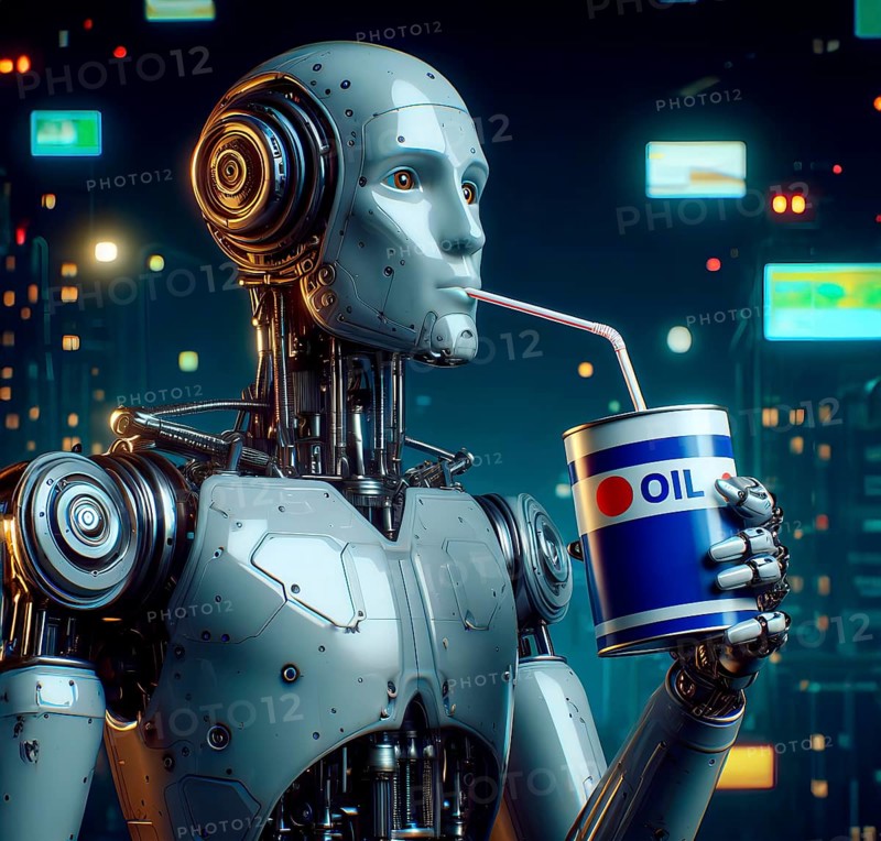 A humanoid robot drinks machine oil with a straw, symbol image Power, energy, cybernetics, AI generated, AI generated