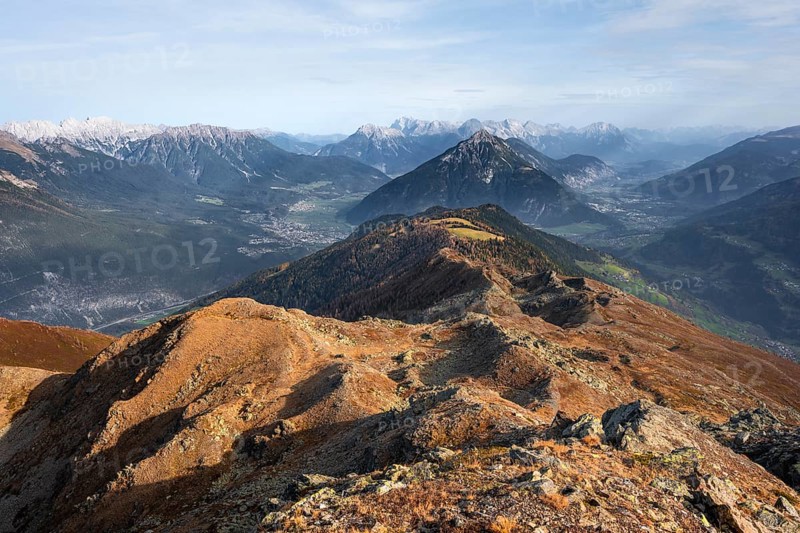 Venet mountain ridge at Kreuzjoch summit, view of Tschirgant summit and the Oberinntal valley, in autumn, Venet crossing, Ötztal Alps, Tyrol, Austria, Europe