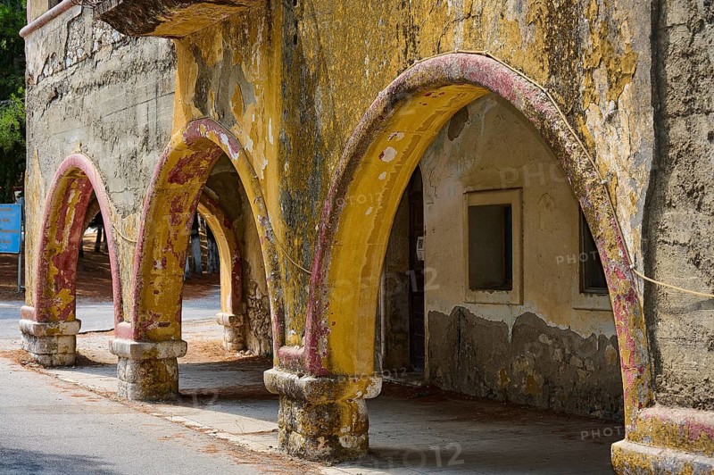 Dilapidated structure with colourful arches and peeling paint on the walls, Italian Governor's Palace, Ruins, Italian colonial settlement, Eleousa, Rhodes, Dodecanese, Greek Islands, Greece, Europe