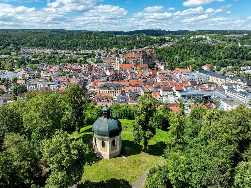 Aerial view of the town of Sigmaringen with the baroque Josef Chapel and the Hohenzollern Castle above the old town, district of Sigmaringen, Swabian Alb, Baden-Württemberg, Germany, Europe