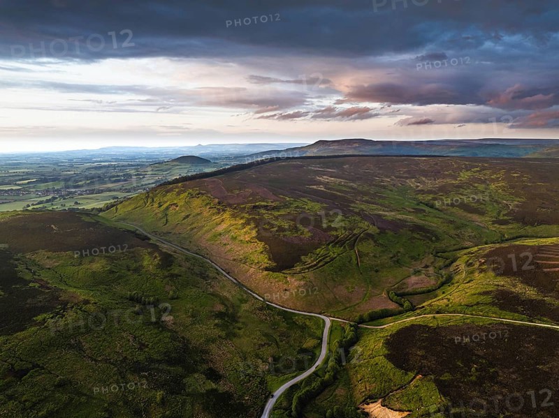Sunset over Cod Beck Reservoir from a drone, North York Moors National Park, North Yorkshire, England, United Kingdom, Europe