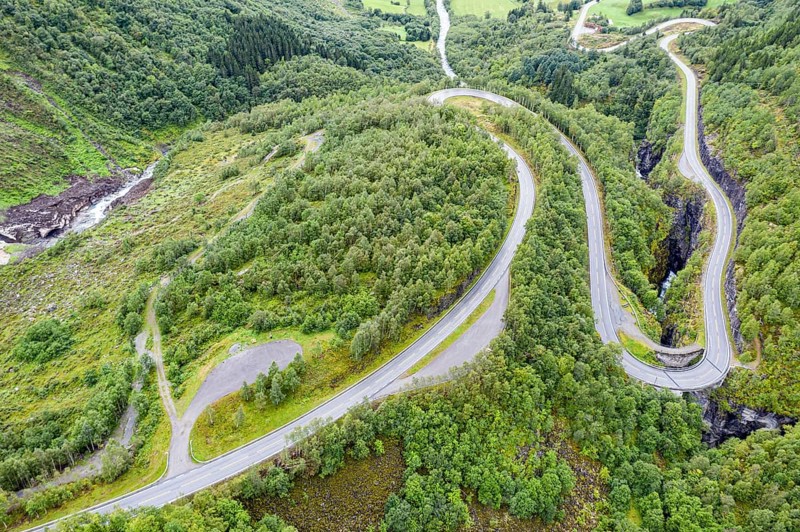 Hairpin curves in valley Hjelledalen east of Stryn, Norway, Europe