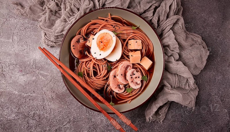 Asian soba soup, with mushrooms and egg, cheese, sesame seeds, homemade, no people