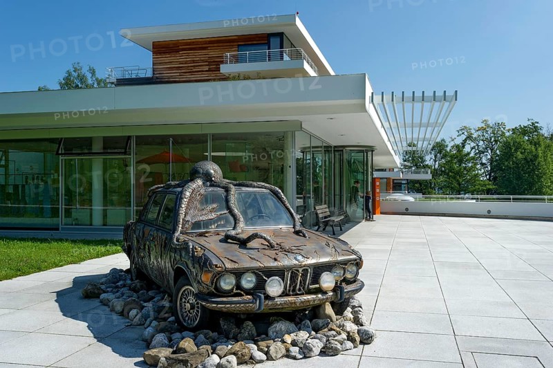 Former BMW 250cs by Lothar-Günther Buchheim, car under water with octopus, underwater, sculpture by Siegfried Ulmer, Museum der Phantasie, Bernried am Starnberger See, Upper Bavaria, Bavaria, Germany, Europe