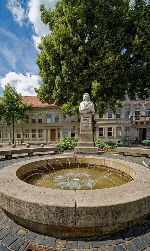 Bach monument by sculptor Heinrich Pohlmann, monument to Johann Sebastian Bach, musician and composer, Bachplatz, Köthen, Saxony-Anhalt, Germany, Europe