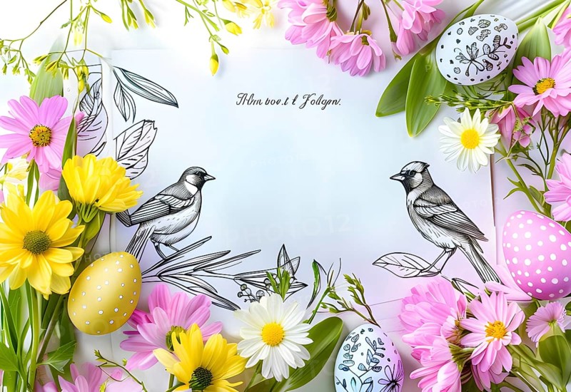 Easter card with delicate hand-drawn illustrations, placed among fresh flowers and decorated eggs, empty space for text, AI generated