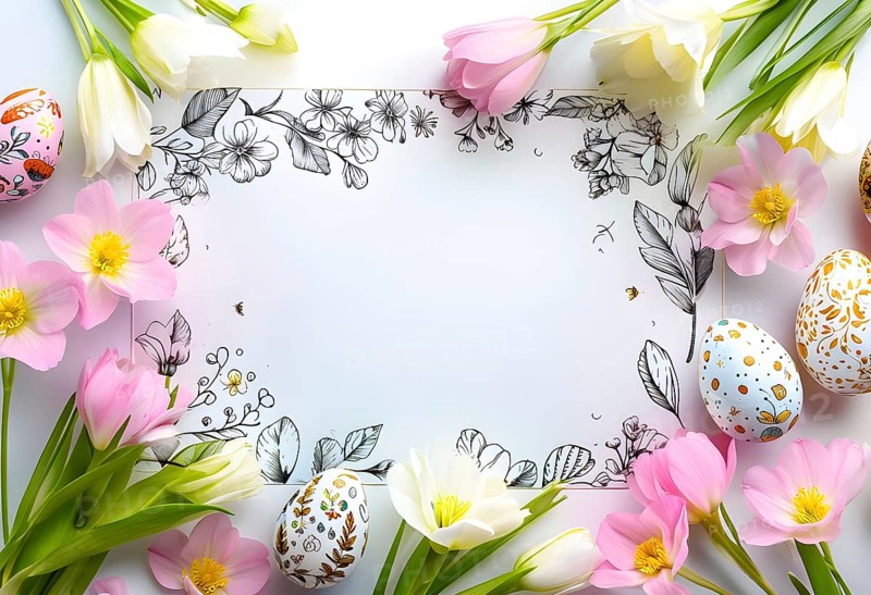 Easter card with delicate hand-drawn illustrations, placed among fresh flowers and decorated eggs, empty space for text, AI generated