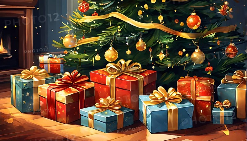 Abstract illustration of wrapped Christmas gifts, shiny ribbons and bows, stacked under a evergreen tree in a cozy living room, AI generated