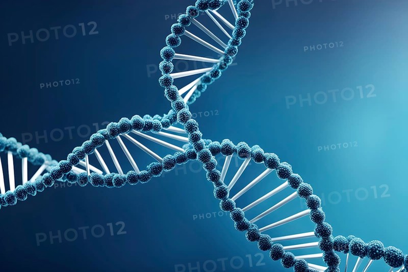 DNA double helix structure against gradient blue background, AI generated