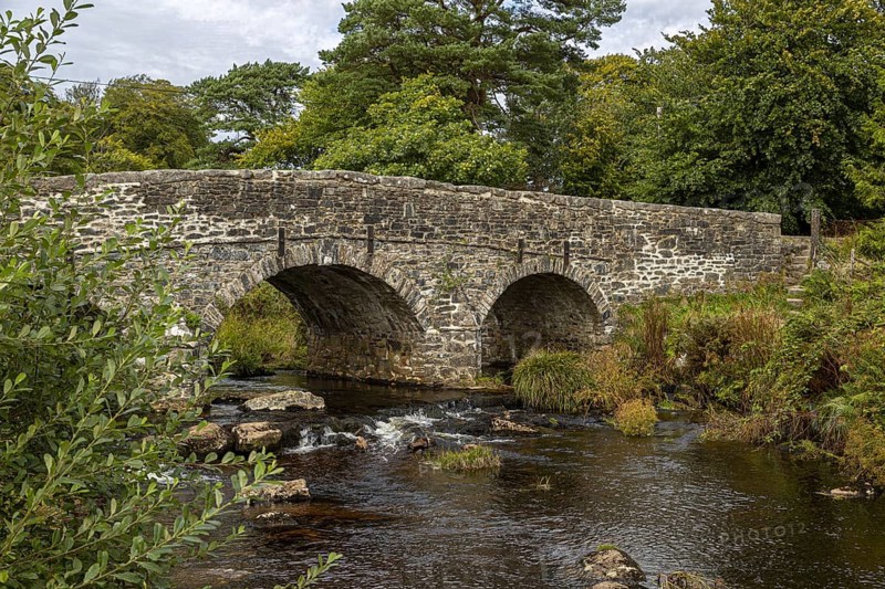 Two-arched stone bridge over a river, surrounded by trees and vegetation, in Dartmoor National Park near Postbridge in Devon, Great Britain
