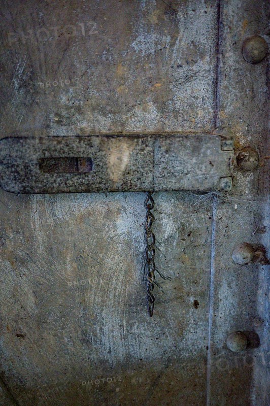Bunker door Cheneux, 2nd World War, built 1933-1936, Ardennes Offensive, heavy door weathered, a metal chain from the former castle hangs on it, Cheneux, Ardennes, Belgium, Europe
