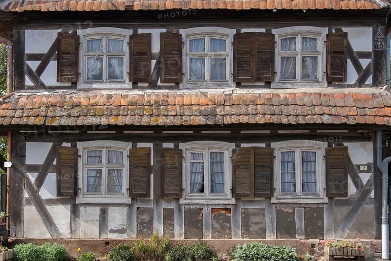 Half-timbered house, dilapidated façade with windows, Alsace, France, Europe