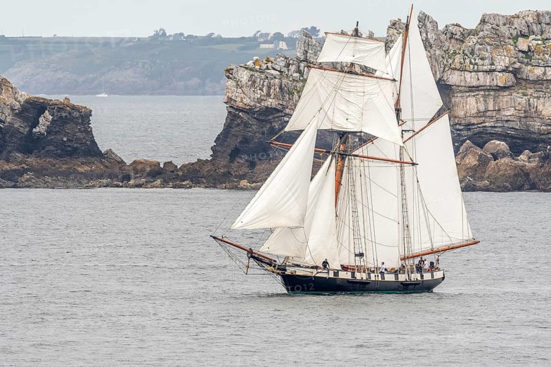 Large traditional sailing boat in a bay on the Atlantic during the Camaret sur mer sailing festival. Crozon, Finistere, Brittany, France, Europe