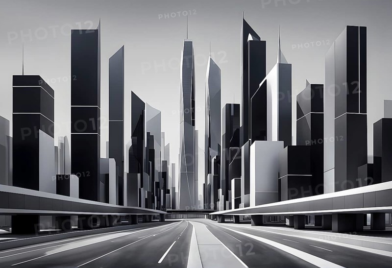 Modern city skyline using clean lines and geometric forms, with rectangular buildings and smooth, curved roads in a monochromatic color palette of grey, black, and white, AI generated