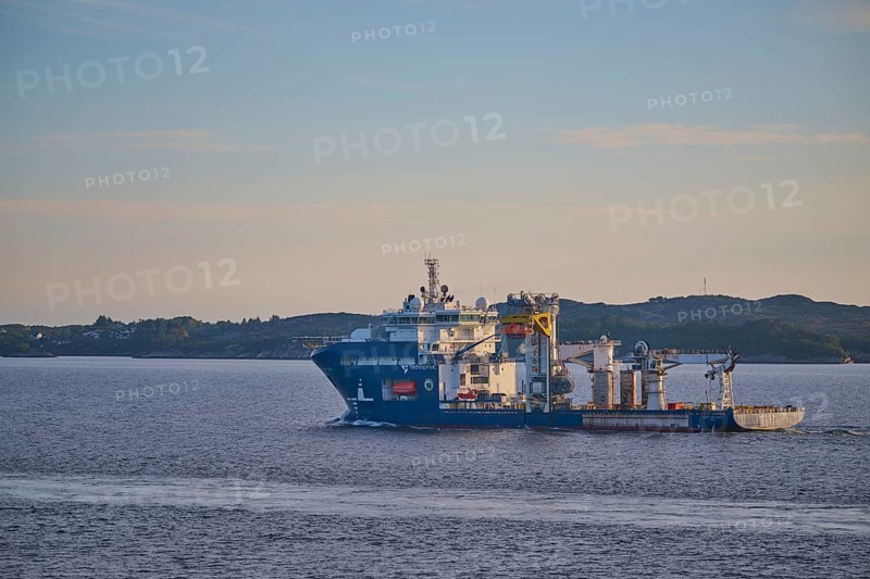 An oil rig supply ship sails off the coast of Bergen, on the North Sea, Bergen, Vestland, Norway, Europe