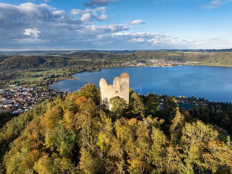 Aerial view of Lake Constance, Überlinger See, with the ruins of Altbodman on the Bodanrück, above the village of Bodman in autumn vegetation, Bodman-Ludwigshafen, district of Constance, Baden-Württemberg, Germany, Europe