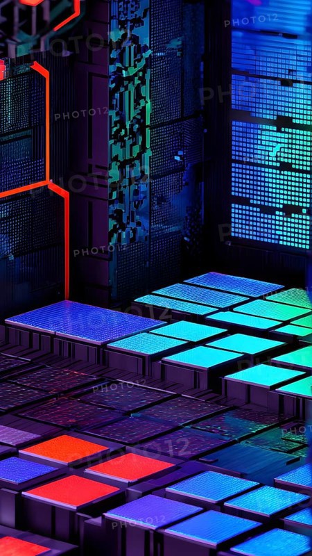 Abstract 3d pixel art technology themed pattern featuring random mosaic in vibrant hues, AI generated