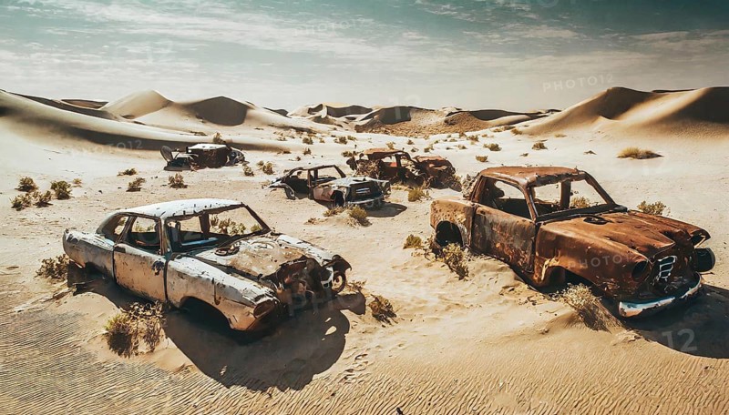 Heavily rusted cars in a sandy desert landscape with sparse vegetation, symbol photo, AI generated, AI generated
