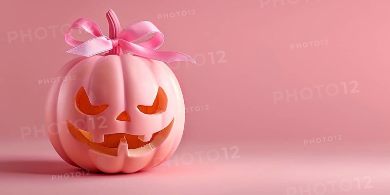 Banner with cute pink carved pumpkin with ribbon on stem in front of pink studio background. Generative Ai, AI generated