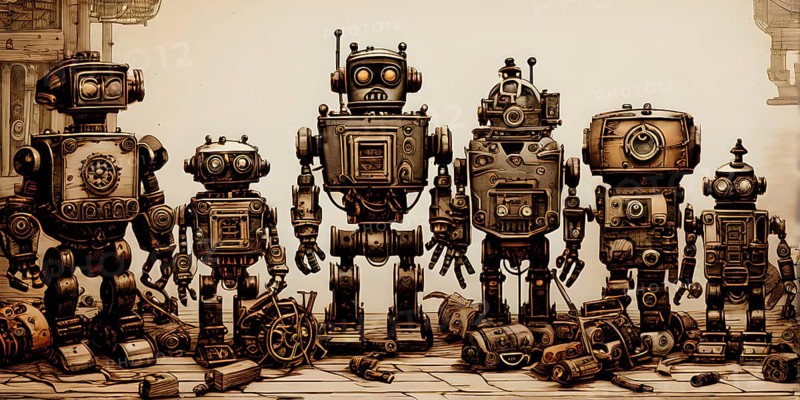 Team of robots styled as vintage toys poised atop an antique wooden table, AI generated