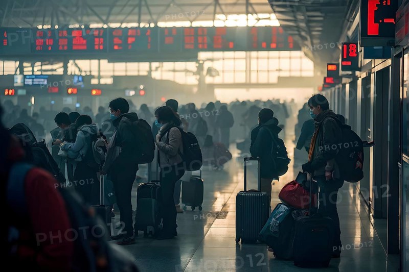 Airport gate with a crowd of waiting passengers, AI generated