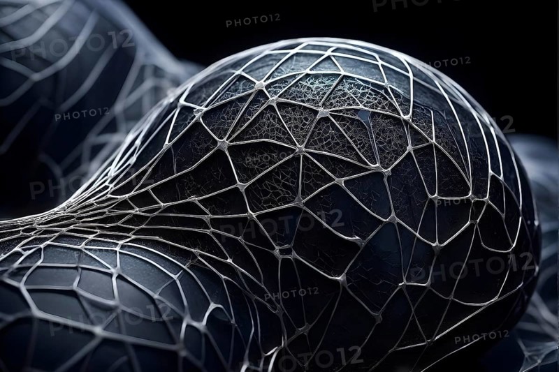 Network of interconnected shapes inspired by the structure of spider silk representing strength and flexibility in material science, AI generated