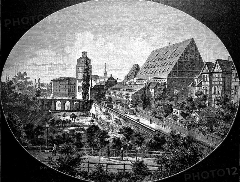 Pleißenburg, a historical building on the former outskirts of Leipzig, demolished in 1897, and the Peterszwinger, Germany, 1857, Historical, digital reproduction of an original from the 19th century, Europe