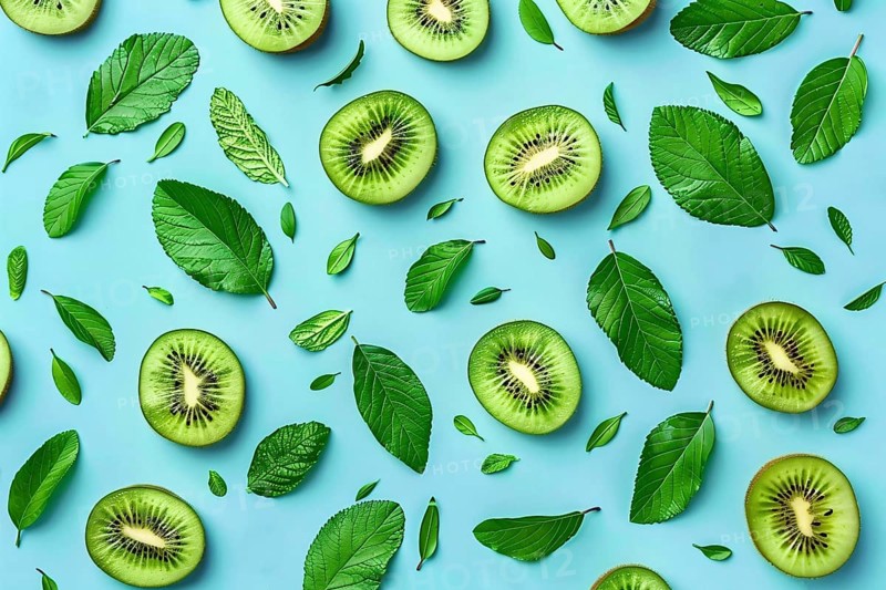 Top view of kiwi fruit slices and leaves on blue background. Generative Ai, AI generated