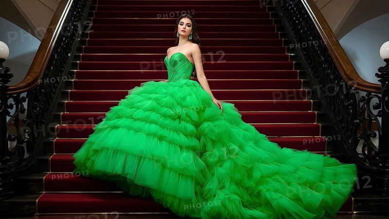 Young woman in a stunning green ball gown cascading dress at a red staircase, AI generated