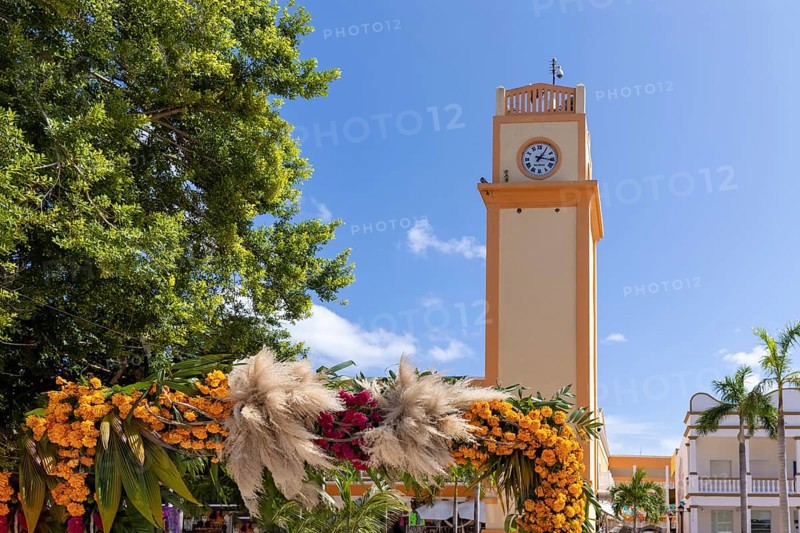 San Miguel de Cozumel, Mexico, Central Plaza and colorful colonial city downtown streets during peak months of high tourist season, Central America