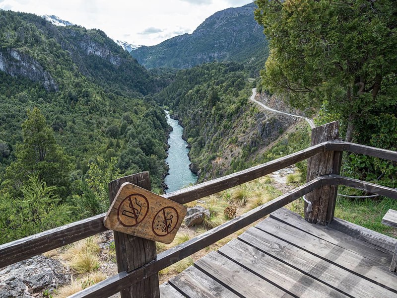 Futaleufu river flowing in a deep gorge, viewpoint Mirador del Diablo, mountain road built into steep walls of rock, Patagonia, Chile, South America