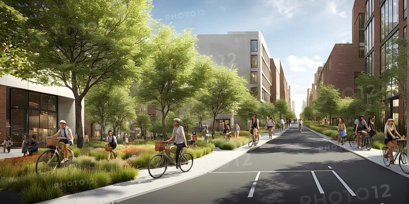 3d model render showcasing an urban neighborhood boasting ecological zero waste infrastructure with recycling stations, AI generated