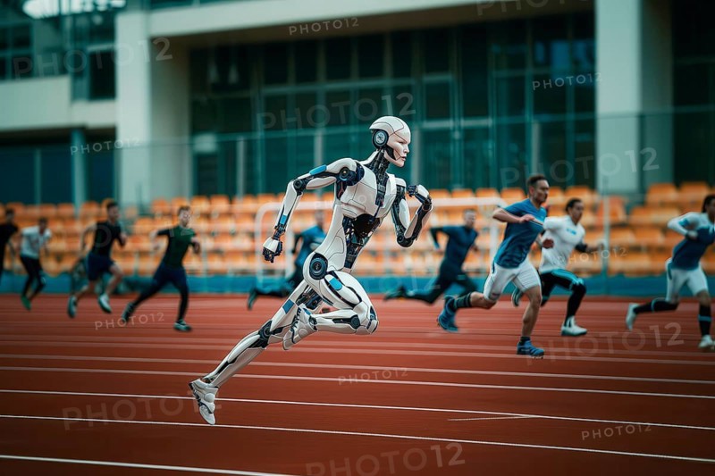 Futuristic humanoid cyborg competing with humans in a Stadium, AI generated