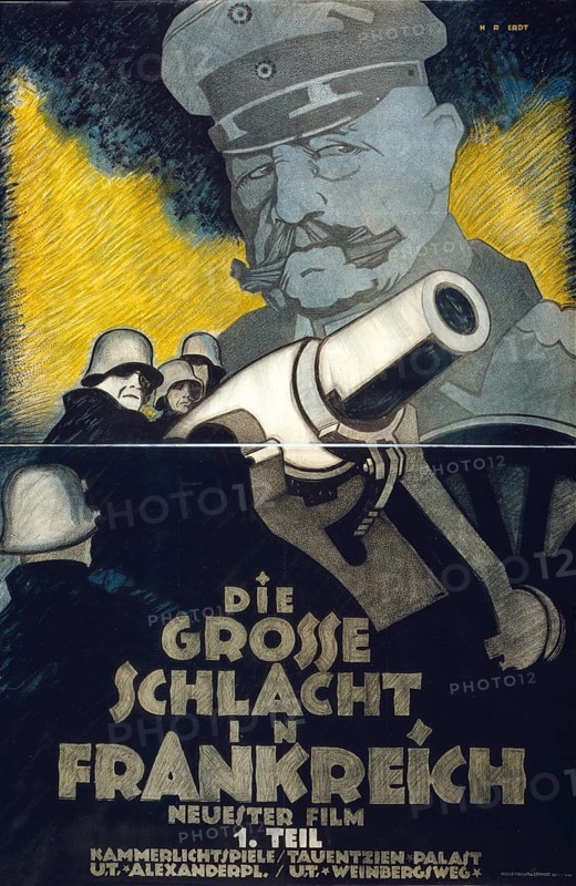 Poster for the film The Great Battle of France from the First World War, Part I: German gunners around a mortar. Field Marshal Hindenburg looms in the background. Hans Rudi Erdt (1883-1918), German artist
