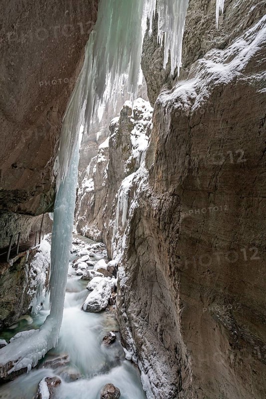 Icicle in a gorge, gorge, winter, ice, snow, river, Partnachklamm, Garmisch-Partenkirchen, Upper Bavaria, Bavaria, Germany, Europe