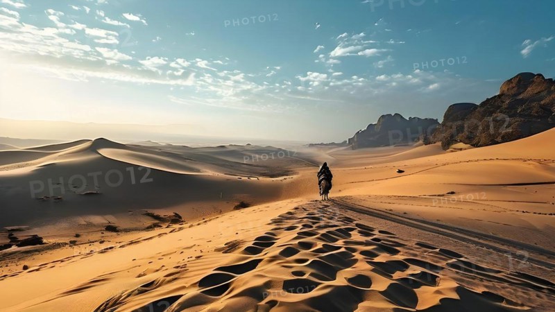 Lone camel rider traversing the rough gobi desert landscape, AI generated