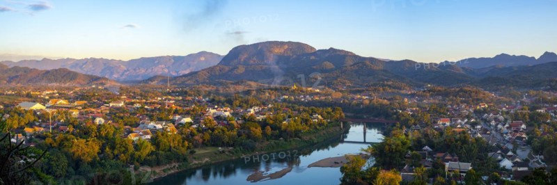 Panorama over Luang Prabang with Nam Khan River and Wat Phol Pao in the background, Laos, Asia