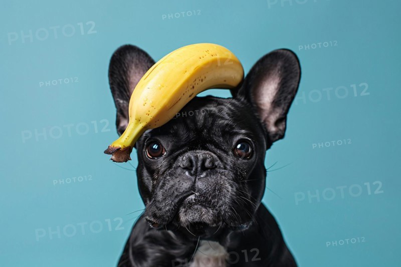 Funny dog with banana fruit on head in front of blue studio background. KI generiert, generiert, AI generated