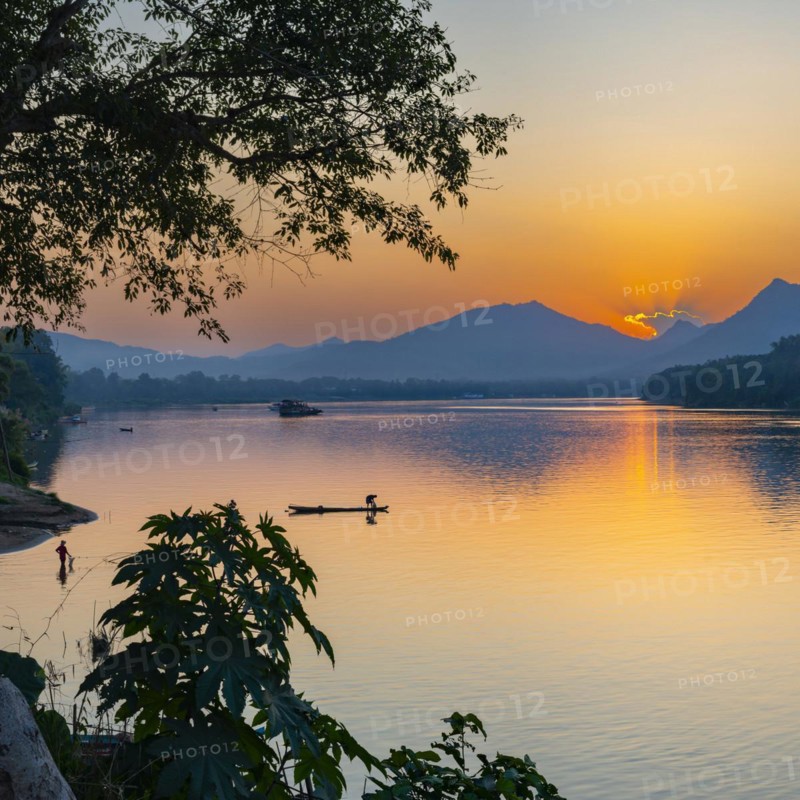 Sunset on the Mekong near Luang Prabang, Laos, Asia