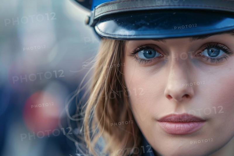 Close up of face of female police officer. KI generiert, generiert, AI generated