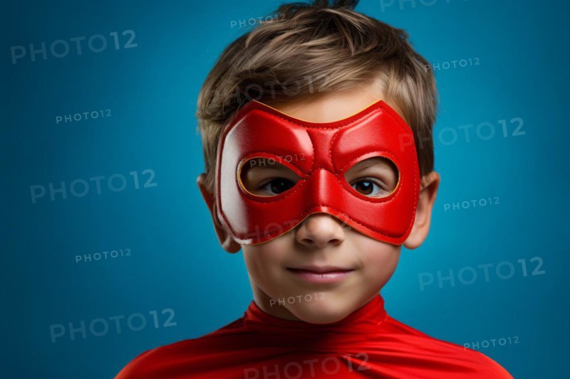 Young boy child with red superhero face mask on blue background. KI generiert, generiert, AI generated