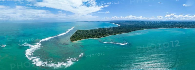 Turquoise sea, aerial view, view of Cahuita National Park, coast and coastal landscape with forest, Punta Cahuita headland, Cahuita, Limón, Costa Rica, Central America