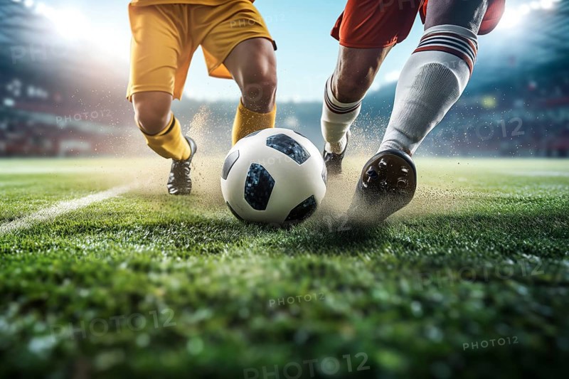 Two soccer players struggle dribble and kick a ball on a football stadium field, AI generated