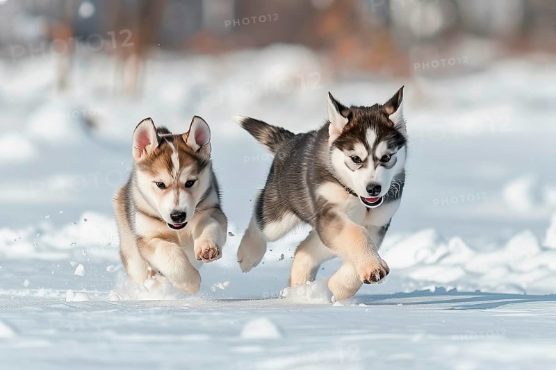 Two cute Alaskan Husky pups running in snow, AI generated
