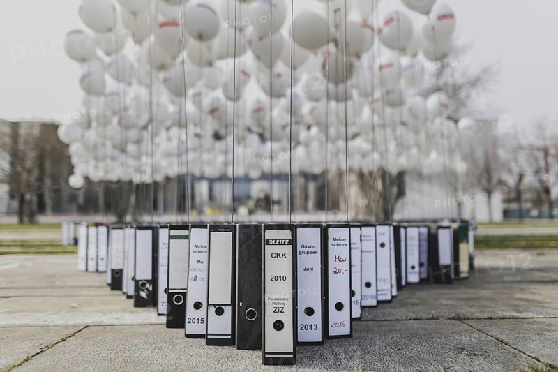 File folders stand in front of the Federal Chancellery as part of a protest action by the German Confederation of Skilled Crafts in Berlin, 26 February 2024. The German Confederation of Skilled Crafts demonstrates against the economic policy of the Federal Government as well as the high level of bureaucracy and the improvement of location conditions