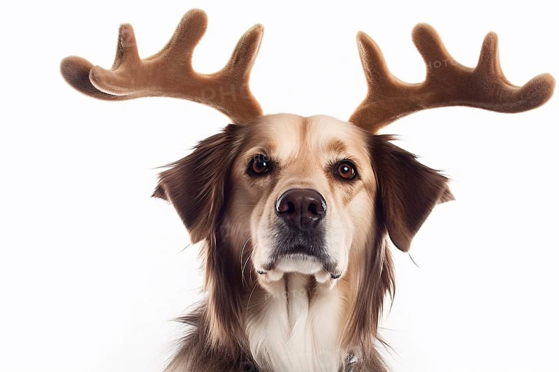 Dog with reindeer Christmas costume antlers on white background. KI generiert, generiert AI generated
