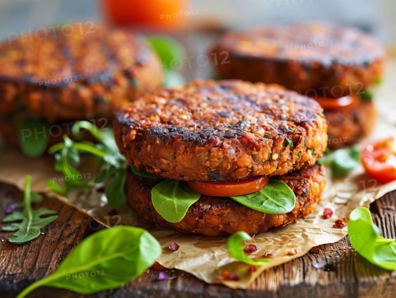 Fresh tasty organic healthy plant-based beef patties with onion, cheese and vegetables, AI generated