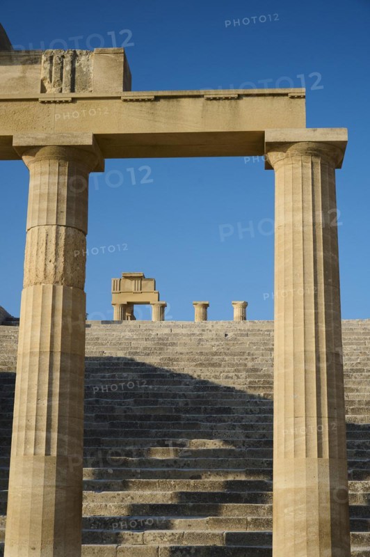 Acropolis of Lindos, morning light, Propylaea with open staircase, Lindos, Rhodes, Dodecanese, Greek Islands, Greece, Europe