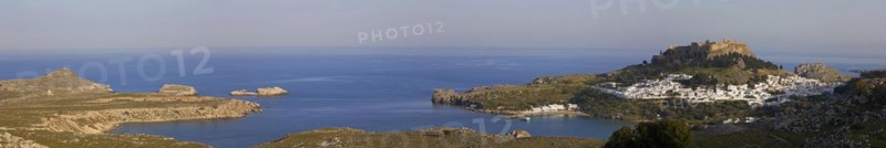 Panorama shot, evening light or late afternoon light, Acropolis and St John's Fortress of Lindos, Lindos village, Rhodes, Dodecanese, Greek Islands, Greece, Europe