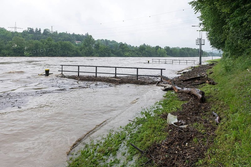 Symbolic image extreme weather, global warming, climate change, environmental pollution, plastic waste, jetties, microplastic, floods, washed up wood, barrage on the Neckar river, Aldingen, Baden-Württemberg, Germany, Europe